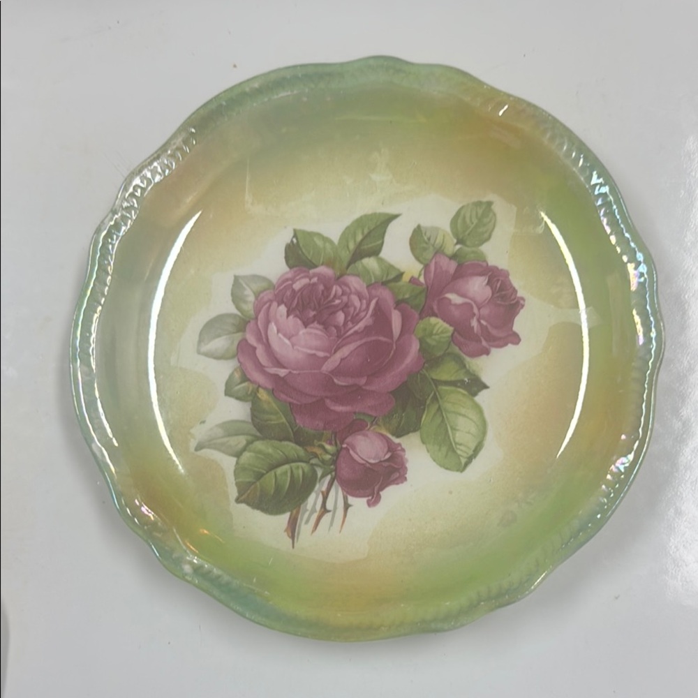 German Franz Mehlem Rose Floral Decorative Plate with Green and Pink Design